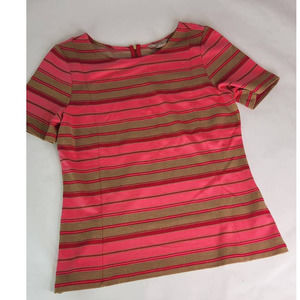 Banana Republic Metallic Gold & Pink Striped Short Sleeve Top 14 Zip Back